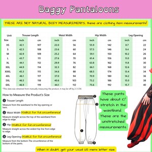 Może przedstawiać: Tabela rozmiar&oacute;w dla spodni typu baggy zatytułowana Baggy Pantaloons od Abyss Wares. Tabela zawiera wymiary w calach i centymetrach dla rozmiar&oacute;w od XS do 6XL, w tym długość spodni, szerokość w talii, szerokość w biodrach oraz wymiary nogawki.