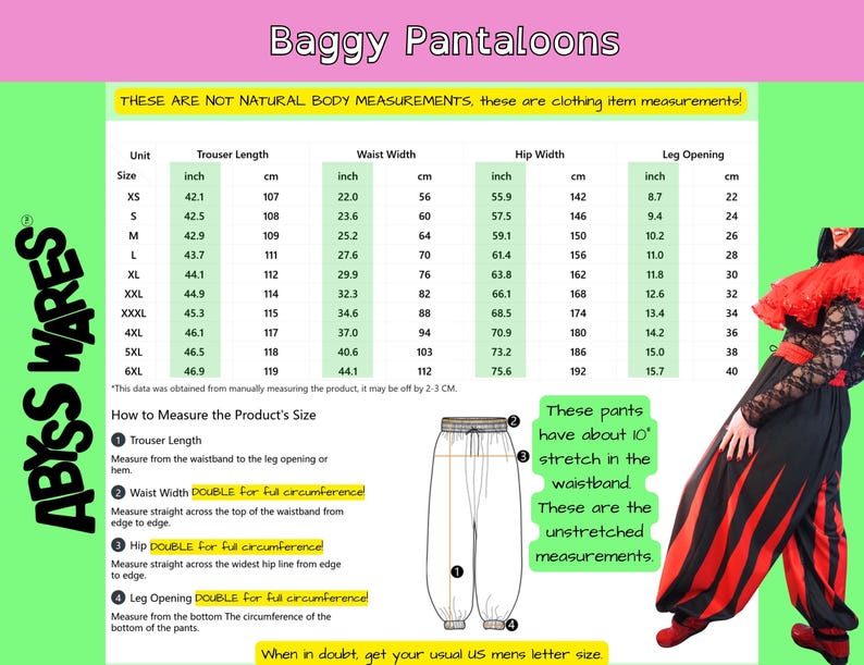 Może przedstawiać: Tabela rozmiar&oacute;w dla spodni typu baggy zatytułowana Baggy Pantaloons od Abyss Wares. Tabela zawiera wymiary w calach i centymetrach dla rozmiar&oacute;w od XS do 6XL, w tym długość spodni, szerokość w talii, szerokość w biodrach oraz wymiary nogawki.