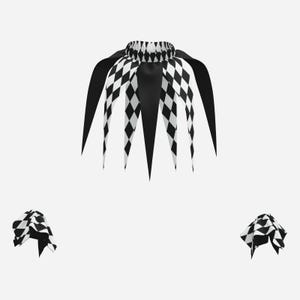 May include: A jester-style collar featuring a black and white diamond pattern alternating with solid black pointed fabric panels. The set includes two matching wrist cuffs, each displaying the same black and white diamond pattern and pointed edges.