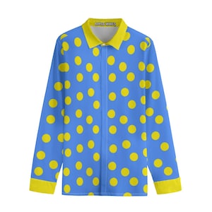 Puppet Blue and Yellow Polkadots Dress Shirt, Long Sleeve Button Down Cotton Clown Shirt Nonbinary Decora Kei Harajuku Clown Core Clothing
