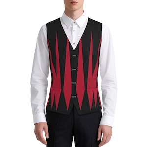 Mens Fancy Vest Cranberry Slashed Jester Red Black Harlequin Goth Ren Faire Masc Clown Waistcoat