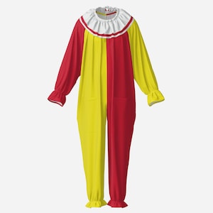 May include: A long-sleeved jumpsuit featuring a split color design with one side in bright yellow and the other in red. The garment includes a white ruffled collar with a thin red trim and matching ruffled cuffs at the wrists and ankles.