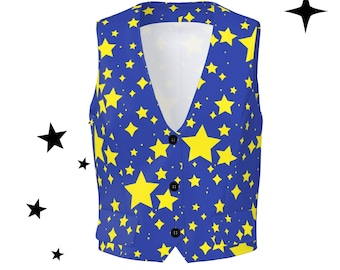 Night Stardust Clown Jester Femme Vest, Blue Yellow Stars Cropped Waistcoat