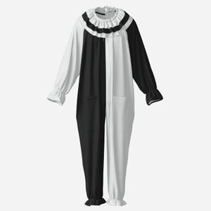 May include: A long-sleeved jumpsuit featuring a split black and white color-blocked design. The garment includes a ruffled collar with black and white stripes, long sleeves with ruffled cuffs, and gathered hems at the ankles for a full-length fit.