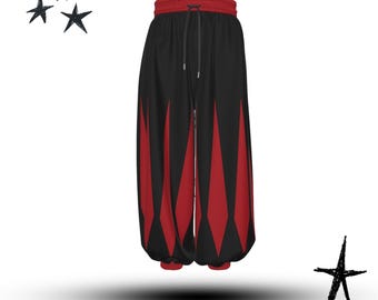 Slashed Jester Pantaloons: Cranberry Red & Black Clowncore Costume