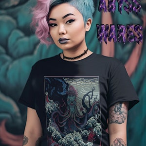 Horror Depths Ukiyoe Cthulhu Tshirt, Nonbinary Goth Shirt