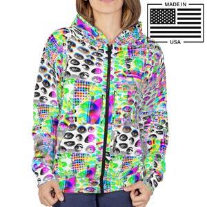 Eyes Glitch Zip Up Hoodie, Nonbinary Weirdcore Glitchcore Cyber Punk Jacket