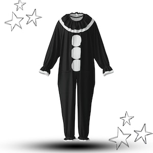 Puede incluir: Un mono negro con cuello de volantes blanco, puños de volantes blancos y tres grandes botones circulares blancos en la parte delantera central. La prenda tiene mangas largas y perneras largas con dobladillos de volantes blancos y estrellas.