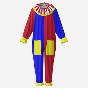 May include: A clown jumpsuit featuring a color-blocked design with alternating red and blue panels. The garment includes a ruffled collar with red and white stripes, yellow cuffs at the wrists and ankles, and two large yellow rectangular pockets.