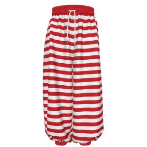 May include: Red and white striped trousers with a drawstring waist. The trousers have a red waistband and cuffs. The stripes are horizontal and evenly spaced. The trousers are made of a soft, flowing fabric.