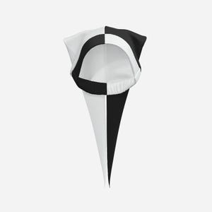 May include: A pointed hood featuring a split design with one side in solid black and the other in solid white. The garment includes a circular face opening with a thick border and an elasticized band at the back to ensure a secure fit around the head.