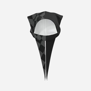 May include: A headscarf featuring a split design with one side in solid black and the other side in a dark grey and black diamond harlequin pattern. The scarf has a rounded opening at the top and tapers down into two long, pointed ends.