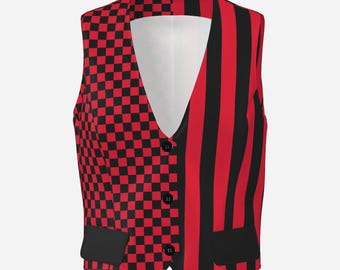 Femme Vest Bright Red Black Check Stripe Womens Jester Clown Waistcoat