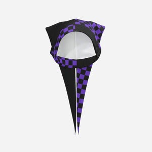 May include: A hood with two long, pointed tails featuring a split design. One side is solid black, while the other side displays a purple and black chequered pattern. The interior of the hood is white, and the edges are finished with a matching trim.