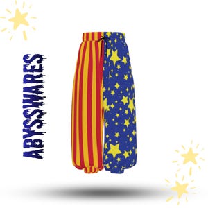 Sun Stripe Night Stardust Split Clown Pants, Nonbinary Cosplay Clowncore Star Red Yellow Striped Split Jester Costume Pants