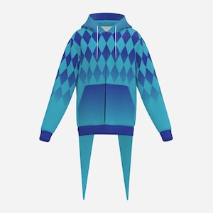 May include: A blue zip-up hoodie with a diamond pattern in shades of blue. The hoodie has a hood with a drawstring, a front pocket, and matching blue pants. The sleeves and pants have a solid blue color.