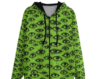 Weirdy Eye Zip Up Hoodie, Acid Green Weirdcore Whimsigoth Cotton Jacket