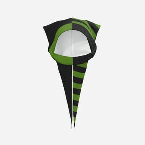 May include: A jester-style hood featuring a split design with solid black on one side and horizontal black and green stripes on the other. The head opening is circular with a green border, and the hood extends into two long, pointed fabric tails.