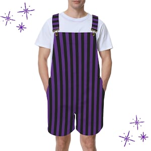 Horned Frog Purple Black Stripe Shortie Overalls, Nonbinary Clowncore Jester Jumpsuit Clown Pants Dungaree Shorts Team Spirit Bibs