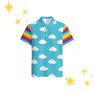 May include: A short-sleeved polo shirt with a sky blue background and white cloud pattern. The sleeves have rainbow stripes. The shirt has a white collar and three white buttons.