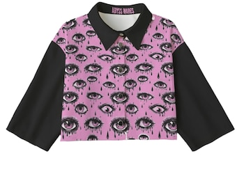 Jirai Kei Eye Bolero, Pastel Goth Cropped Emo Denim Jacket Creepy Cute Weird Core
