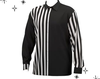 Pierrot Split Stripe Herren Jester Satin Hemd, Schwarz und Weiß Fancy Clown Button Up