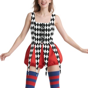 May include: A sleeveless top featuring a black and white diamond harlequin pattern with a front lace-up closure and pointed hem panels, paired with solid red puff shorts and blue and red striped over-the-knee socks for a complete outfit.