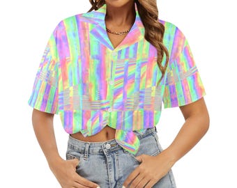Holo Glitch Button Up Blouse, USA-made Alt Weirdcore Webcore Glitch Art Hawaiian Shirt