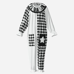 May include: A long-sleeved jumpsuit featuring a black and white harlequin diamond pattern on one side and solid white on the other. It includes a ruffled collar, gathered sleeve cuffs, and two rectangular patches, one with a white star graphic.