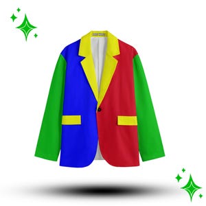 Giacca da clown Blockparti nei colori Toybox, giacca da artista Colorblock da uomo, divertente costume da clown da circo, clowncore, elegante costume professionale da clown