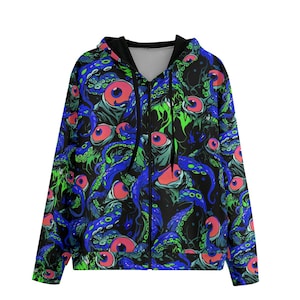 Blue Shoggy Zip Up Hoodie, Nonbinary Anime Cthulhu Sweatshirt