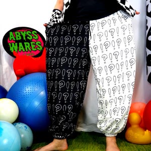 ¡A por todas! Pantalones de payaso blancos y negros, divertidos pantalones holgados de bufón con abertura, ropa de payaso, disfraz de circo, bombachos holgados.