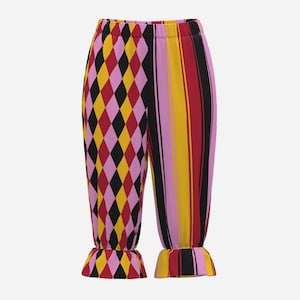 May include: These trousers feature a split design with a diamond harlequin pattern in yellow, red, pink, and black on one leg and vertical stripes in the same colours on the other. The trousers have an elastic waistband and ruffled cuffs at the bottom.