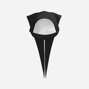 May include: A black head covering featuring a rounded top section with a white interior lining and two long, pointed fabric tails extending downward from the base. The design includes a circular opening for the face and a gathered elasticized band.