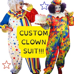 May include: Two clown suits featuring vibrant patterns. One suit is white with red and blue stars, a ruffled collar, and striped legs. The other is a rainbow-coloured jumpsuit covered in stars with a matching hat. Text reads CUSTOM CLOWN SUIT!!!