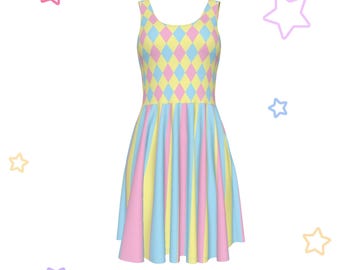 Vestido de payaso de malvavisco de ensueño, Cutecore Pastel Clowncore Fairy Kei Harlequin Skater Kidcore Vestido de tirantes a rayas de talla grande con bolsillos