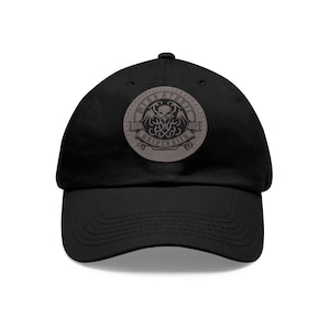 Miskatonic University Cthulhu HP Lovecraft ballcap hat with vegan leather fictional school patch, funny geek gamer fashion for horror fans