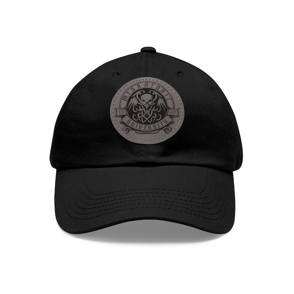 Miskatonic University Cthulhu HP Lovecraft ballcap hat with vegan leather fictional school patch, funny geek gamer fashion for horror fans