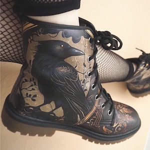 Golden Raven Guardian Combat Boots, Nonbinary Gothic Crow Shoes