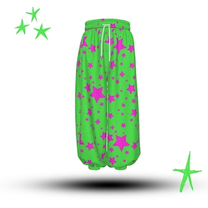 80s Chaos Clown Pants, Neon Green w Hot Pink Stars on Jester Clowncore Clothes Whimsigoth Circus Carnival Adult Costume Baggy Bloomers