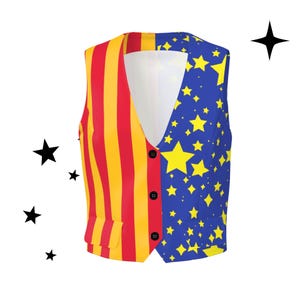 May include: A colorful vest with a unique design. The left side features vertical red and yellow stripes, while the right side is blue with yellow stars. The vest has a V-neck and three black buttons. A fun and eye-catching garment.