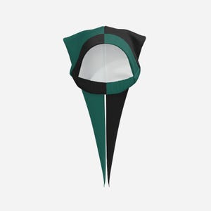 May include: A jester-style hood featuring a split colour design with dark green on one side and black on the other. The headpiece has a rounded opening for the face, a white interior lining, and two long, pointed fabric tails extending downwards.