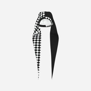 May include: A long, pointed hood featuring a split design. One side is solid black, while the other side displays a black and white chequered pattern. The opening of the hood is trimmed with a row of white triangular shapes against a black background.