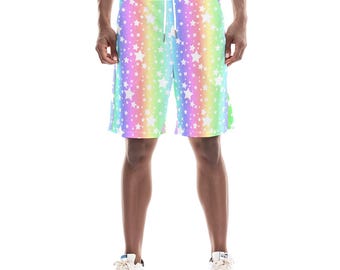 Rainbow Stardust Clown Shorts, Nonbinary Pastel Clowncore Clothing Soft Clown Costume Gym Workout Fun Clown Pants Colorful Decora Kei
