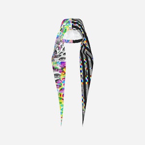 May include: A head scarf featuring a split design. The left side displays a vibrant, multi-colored collage of human eyes. The right side features a black and white television static pattern with vertical bars of color, creating a high-contrast look.