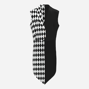 May include: A sleeveless waistcoat featuring a split design with a black and white diamond harlequin pattern on the left side and solid black fabric on the right side. The garment includes a notched lapel collar and two brown buttons on the front.