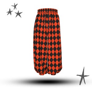 May include: Harem trousers featuring a striking black and orange diamond pattern. These trousers have a drawstring waist and gathered ankles. The background is white with star doodles on the left and right.