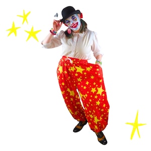 Pantalones de payaso Ruby Stardust, pantalones holgados de payaso de estrella roja grande para cosplay no binario.