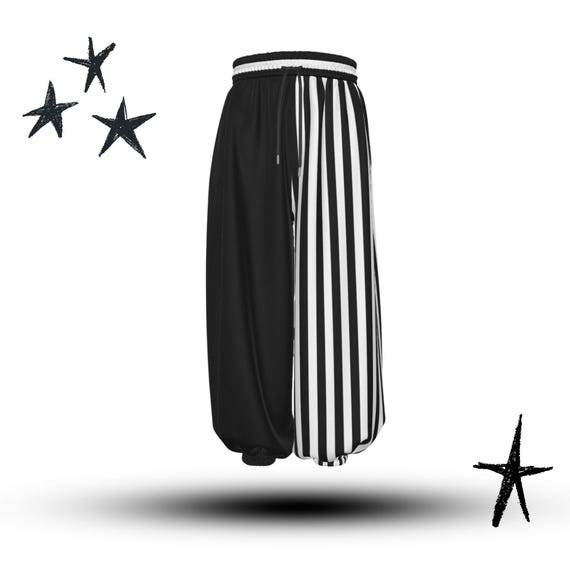 Pierrot Jester Split Stripe Clown Pants, Half Black Half Striped