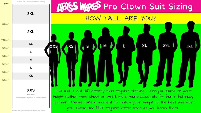 Op de afbeelding: Een maattabel voor Abyss Wares Pro clownspakken met een verticale schaal van 166 cm tot 190 cm en silhouetten gelabeld van XXS tot 3XL. De tekst luidt: Abyss Wares Pro Clown Suit Sizing, How tall are you? en legt de maatvoering op basis van lengte uit.